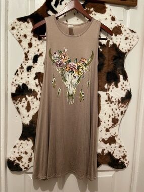 Western Bohemian Floral Bull Skull Taupe Tank Dress Size Large